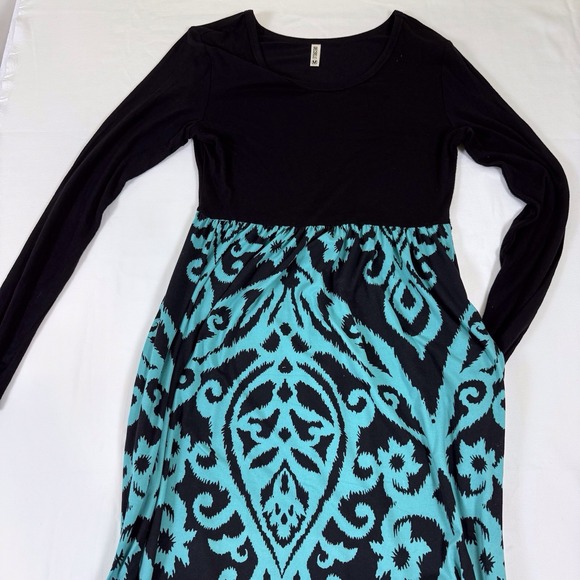 Grecerelle M Black Solid Top Black/Green Long Sleeve Maxi‎ Dress Comfy Pockets - Picture 11 of 11